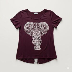 Moonchild Small Maroon Elephant Graphic Hi-lo Women's Short Sleeve Top EUC